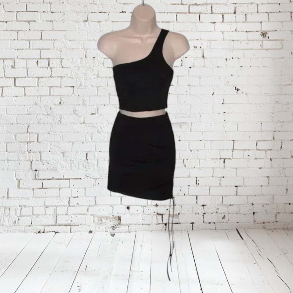 NWT Adele B. Crop One Shoulder Lace-Up Back Top & Skirt Set Black Sz S